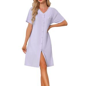 Women's Nightgowns Short Sleeves Button Down Lace Sleep Dress Purple